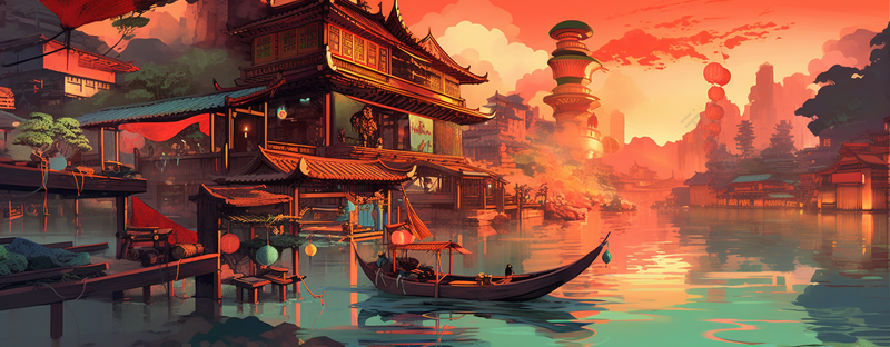 红色大气江南水乡小桥流水房屋中国风插画,插画/手绘图,插画/手绘图库,插画/手绘图下载,插画/手绘